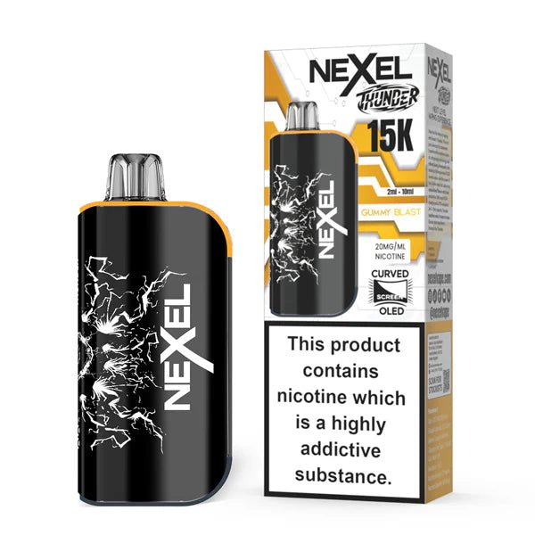 Nexel Thunder 15K vape kit gummy blast device and packaging on a white background - uk vape sales