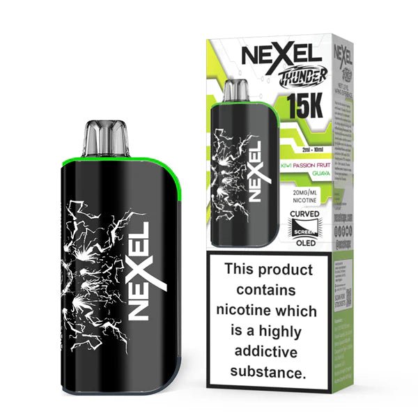 Nexel Thunder 15K vape kit kiwi passion fruit guava device and packaging on a white background - uk vape sales
