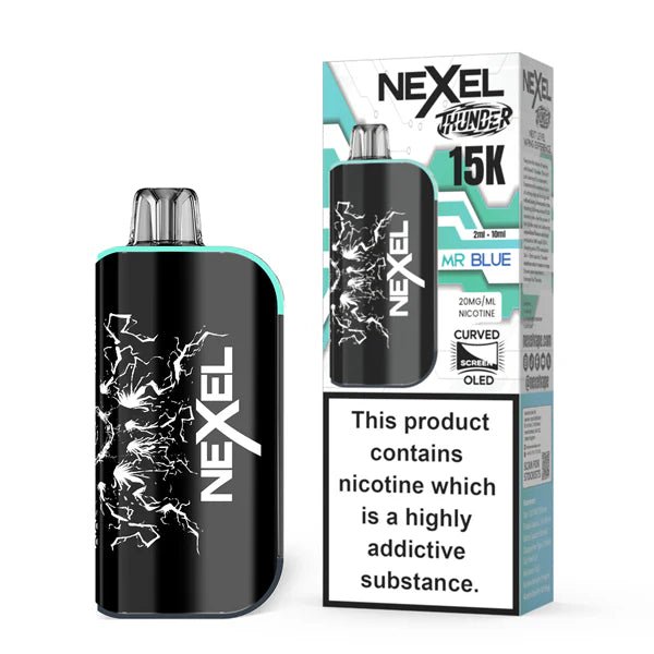 Nexel Thunder 15K vape kit mr blue device and packaging on a white background - uk vape sales