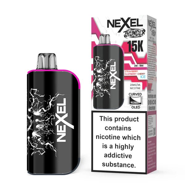 Nexel Thunder 15K vape kit strawberry raspberry cherry ice device and packaging on a white background - uk vape sales