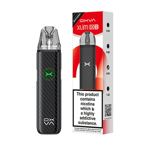 OXVA Xlim Go 2 Vape Kit black carbon pod kit with packaging on white background - UK Vape Sales