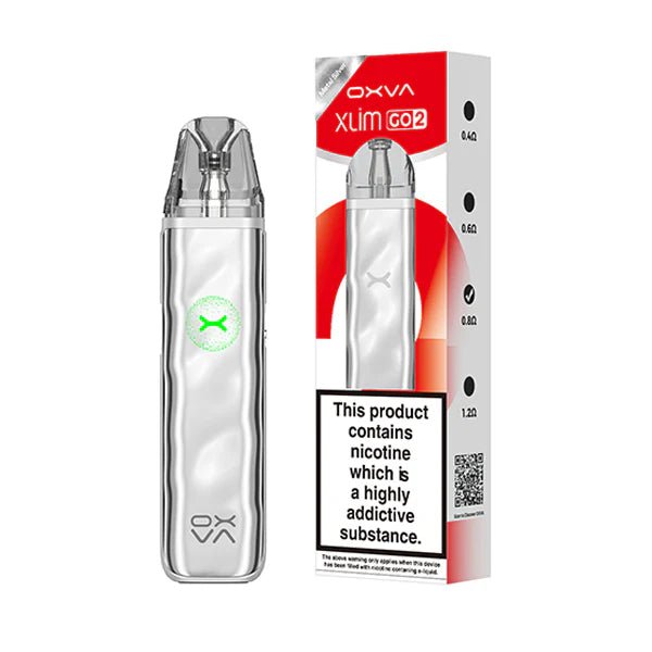 OXVA Xlim Go 2 Vape Kit metal silver pod kit with packaging on white background - UK Vape Sales