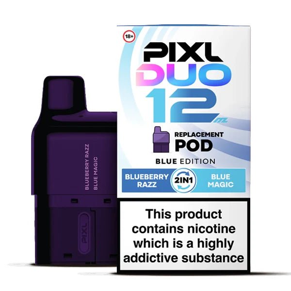 PIXL Duo 12 Refill Pods blue edition with packaging on a white background - uk vape sales