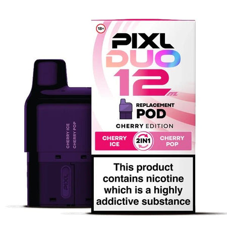 PIXL Duo 12 Refill Pods cherry edition with packaging on a white background - uk vape sales