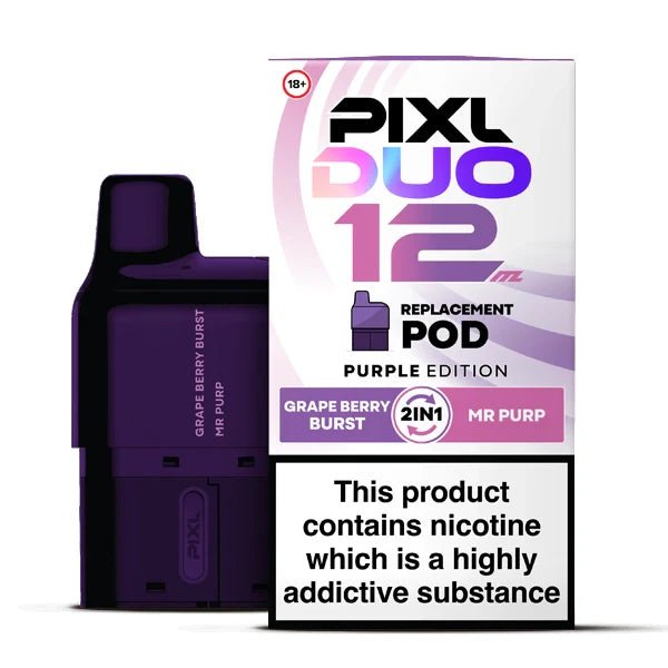 PIXL Duo 12 Refill Pods purple edition with packaging on a white background - uk vape sales