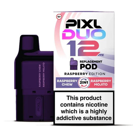 PIXL Duo 12 Refill Pods raspberry edition with packaging on a white background - uk vape sales