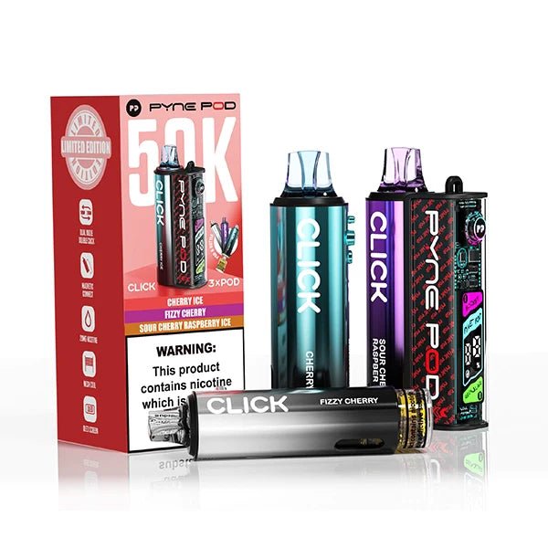 Pyne Pod Click 50K Vape Kit cherry edition with packaging on a white background - uk vape sales