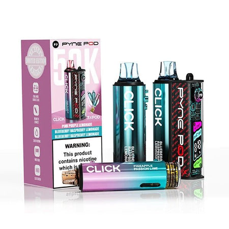 Pyne Pod Click 50K Vape Kit lemonade edition with packaging on a white background - uk vape sales