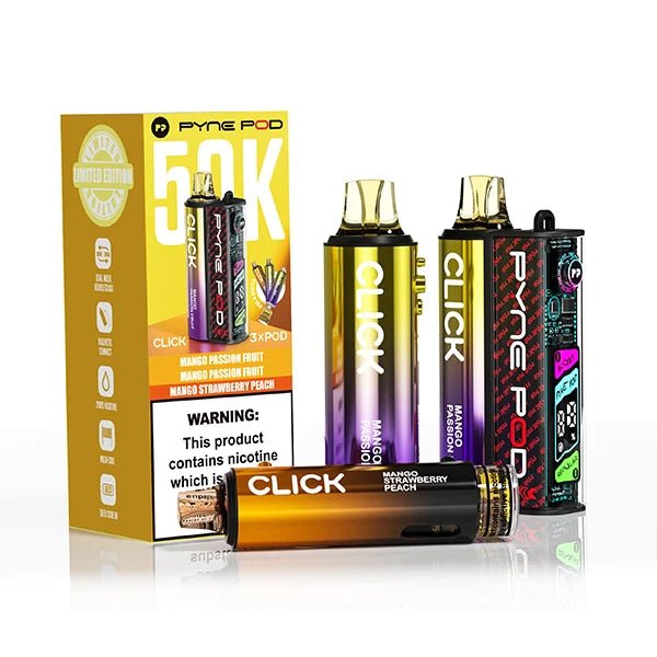 Pyne Pod Click 50K Vape Kit mango edition with packaging on a white background - uk vape sales
