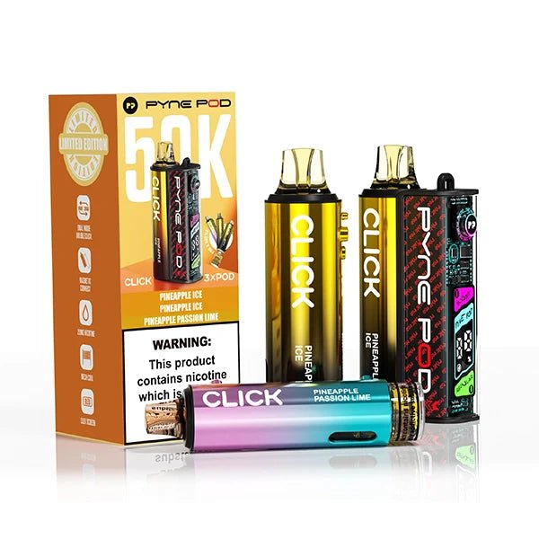 Pyne Pod Click 50K Vape Kit pineapple edition with packaging on a white background - uk vape sales