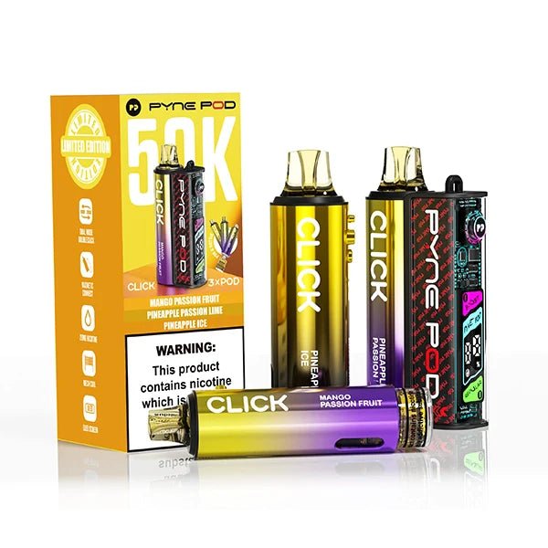 Pyne Pod Click 50K Vape Kit tropical edition with packaging on a white background - uk vape sales