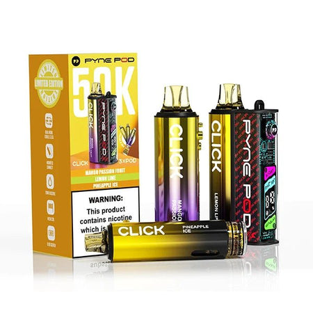 Pyne Pod Click 50K Vape Kit yellow edition with packaging on a white background - uk vape sales