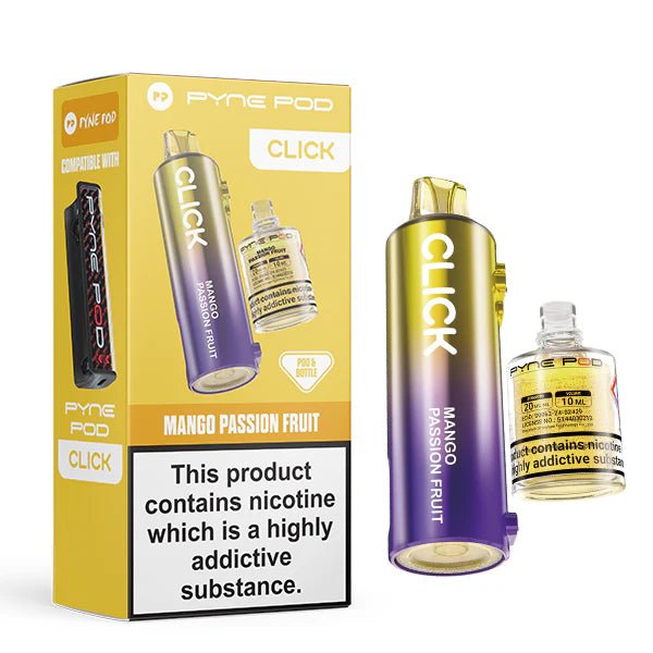 Pyne Pod Click Refill Pods mango passion fruit pod and packaging on a white background - uk vape sales