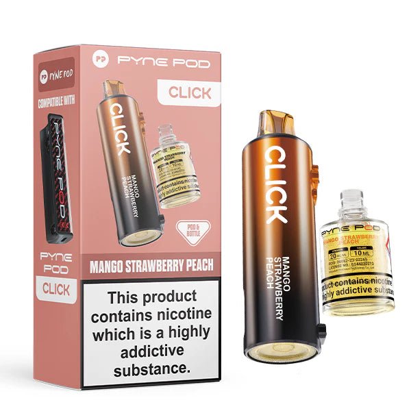 Pyne Pod Click Refill Pods mango strawberry peach pod and packaging on a white background - uk vape sales