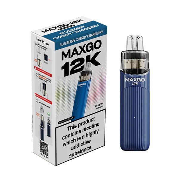 Relx MAXGO 12K vape kit blueberry cherry cranberry device and packaging on a white background - uk vape sales