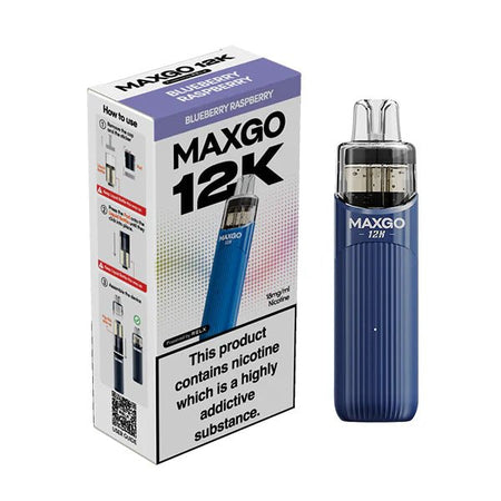 Relx MAXGO 12K vape kit blueberry raspberry device and packaging on a white background - uk vape sales
