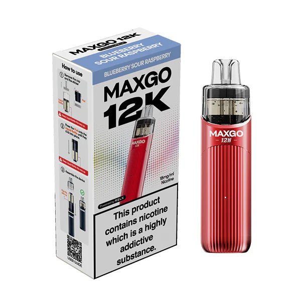 Relx MAXGO 12K vape kit blueberry sour raspberry device and packaging on a white background - uk vape sales