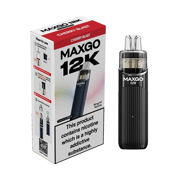 Relx MAXGO 12K vape kit cherry blast device and packaging on a white background - uk vape sales