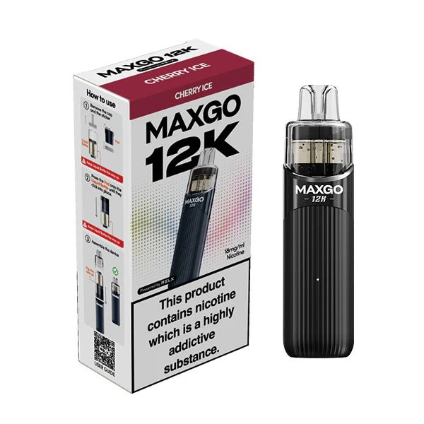 Relx MAXGO 12K vape kit cherry ice device and packaging on a white background - uk vape sales