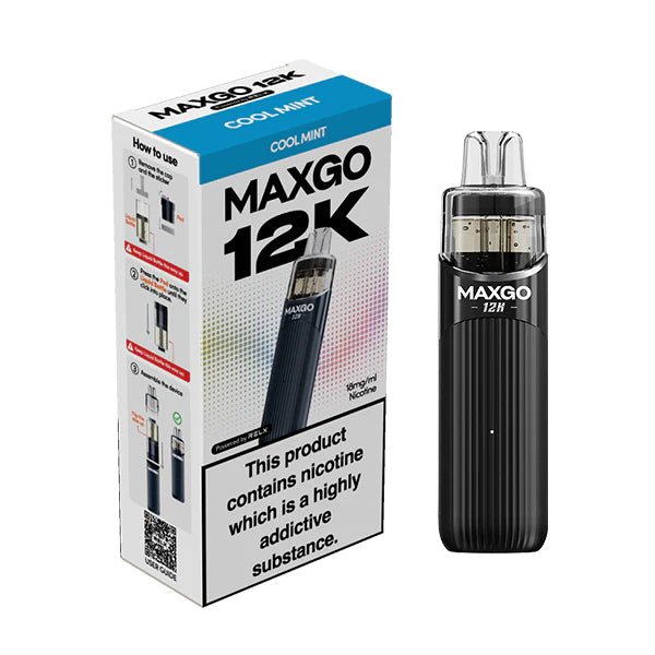 Relx MAXGO 12K vape kit cool mint device and packaging on a white background - uk vape sales