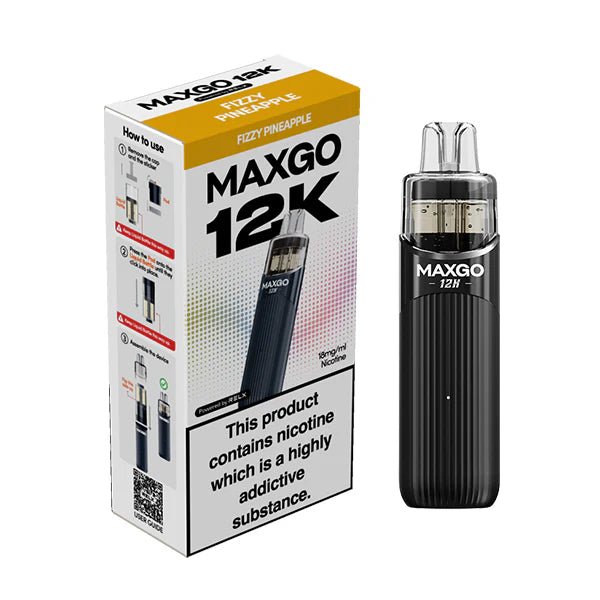 Relx MAXGO 12K vape kit fizzy pineapple device and packaging on a white background - uk vape sales