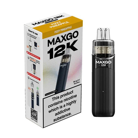 Relx MAXGO 12K vape kit fizzy pineapple device and packaging on a white background - uk vape sales