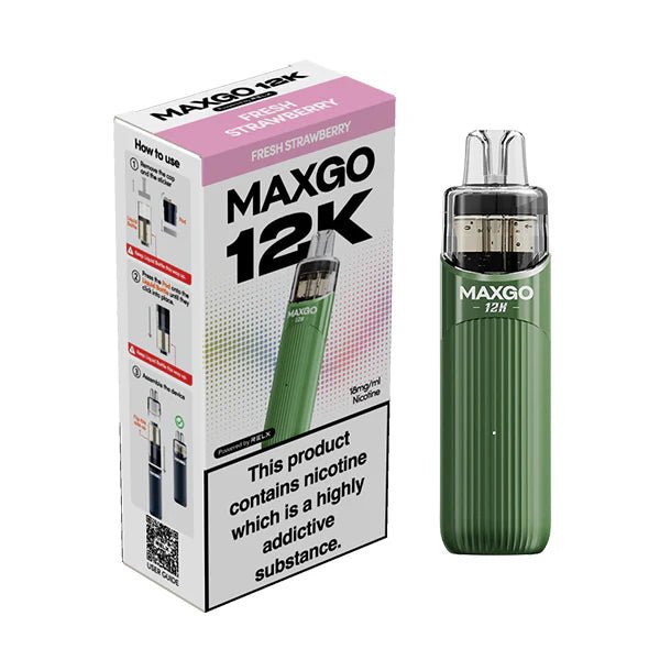 Relx MAXGO 12K vape kit fresh strawberry device and packaging on a white background - uk vape sales