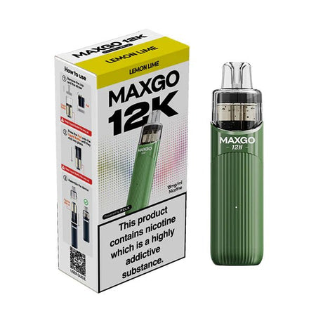 Relx MAXGO 12K vape kit lemon lime device and packaging on a white background - uk vape sales