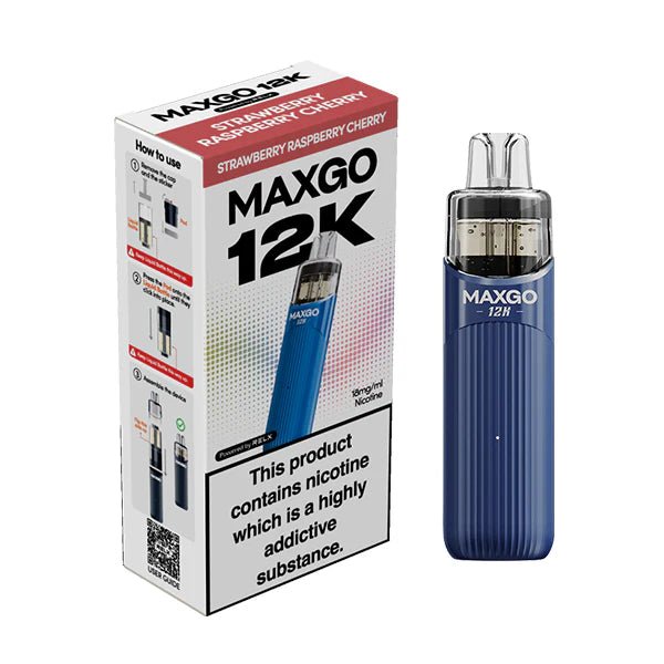 Relx MAXGO 12K vape kit strawberry raspberry cherry device and packaging on a white background - uk vape sales