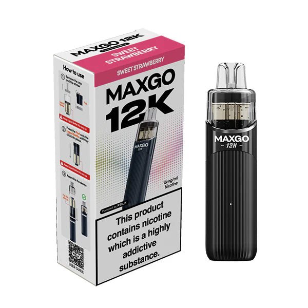 Relx MAXGO 12K vape kit sweet strawberry device and packaging on a white background - uk vape sales