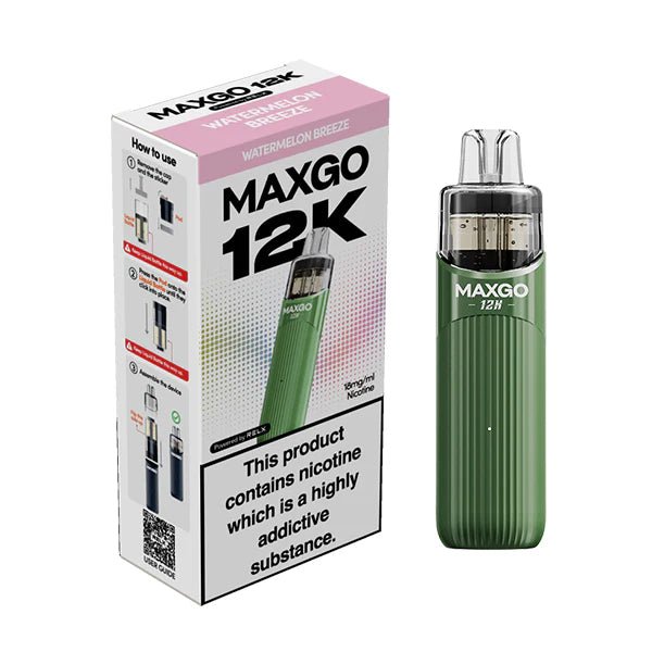 Relx MAXGO 12K vape kit watermelon breeze device and packaging on a white background - uk vape sales