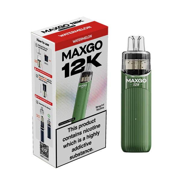 Relx MAXGO 12K vape kit watermelon ice device and packaging on a white background - uk vape sales