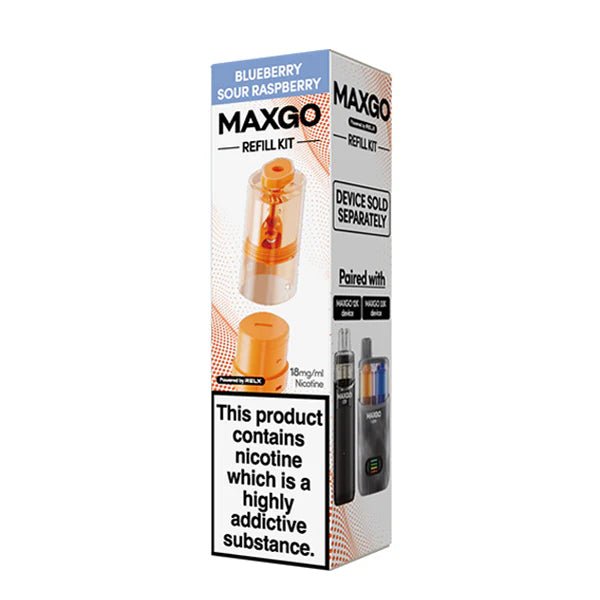 Relx MaxGo 12K & 33K Refill Pods packaging with blueberry sour raspberry flavour on a white background - UK vape sales
