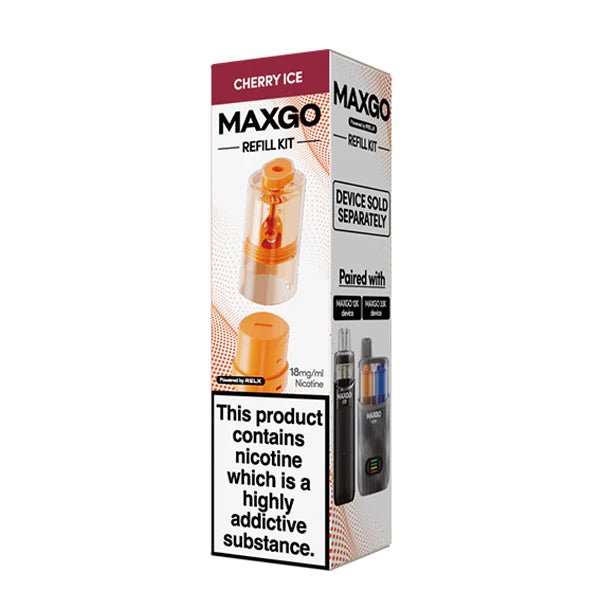 Relx MaxGo 12K & 33K Refill Pods packaging with cherry ice flavour on a white background - UK vape sales