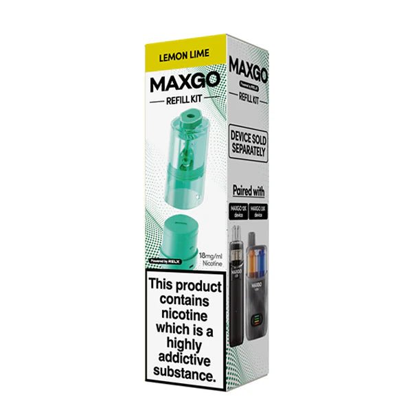 Relx MaxGo 12K & 33K Refill Pods packaging with lemon lime flavour on a white background - UK vape sales