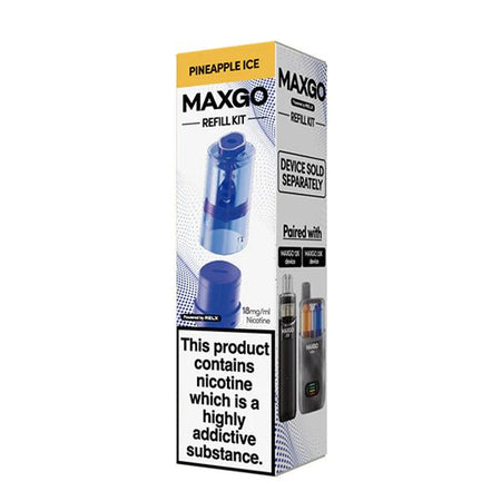 Relx MaxGo 12K & 33K Refill Pods packaging with pineapple ice flavour on a white background - UK vape sales
