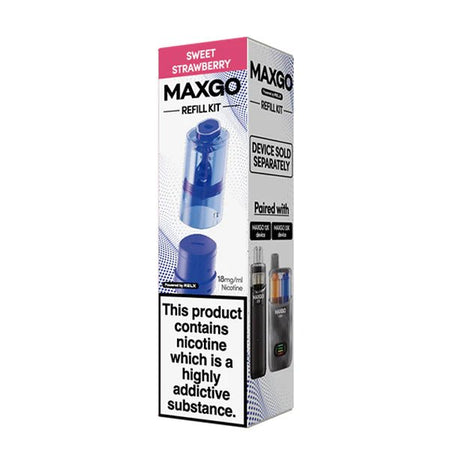 Relx MaxGo 12K & 33K Refill Pods packaging with sweet strawberry flavour on a white background - UK vape sales