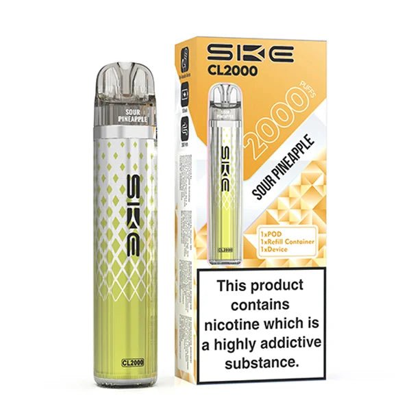SKE CL2000 vape kit sour pineapple device and packaging on a white background - uk vape sales