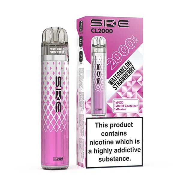 SKE CL2000 vape kit watermelon strawberry device and packaging on a white background - uk vape sales