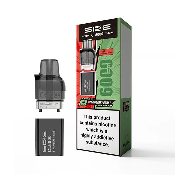 SKE CL6000 Refill Pods strawberry burst pod with packaging on a white background - uk vape sales