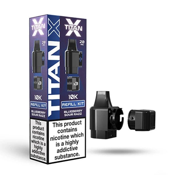 Titan X Refill Pods blueberry sour razz with packaging on a white background - uk vape sales