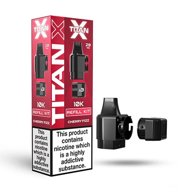 Titan X Refill Pods cherry fizz with packaging on a white background - uk vape sales