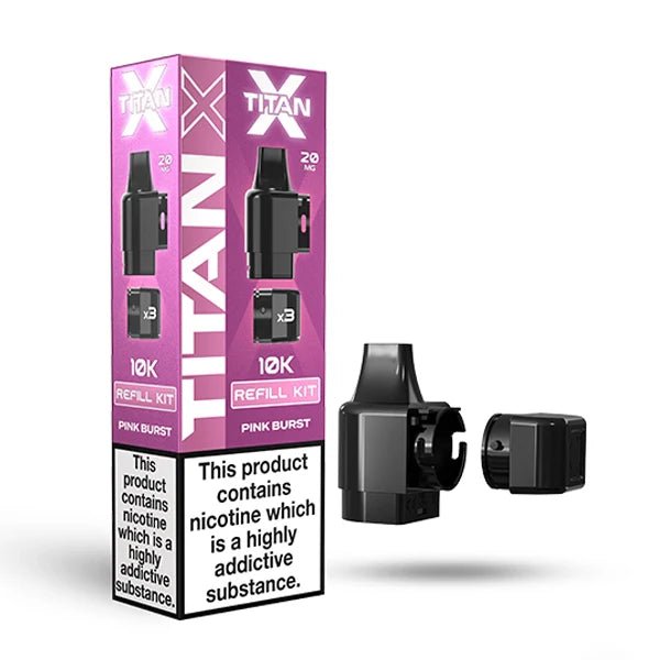 Titan X Refill Pods pink burst with packaging on a white background - uk vape sales