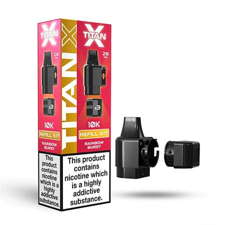 Titan X Refill Pods rainbow burst with packaging on a white background - uk vape sales