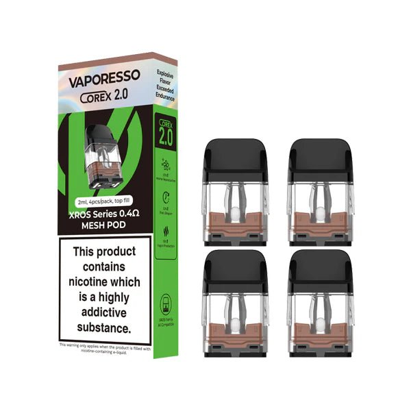 Vaporesso Xros Corex 2.0 Replacement Pods packaging with 4 0.4Ohm pods on a white background - UK vape sales