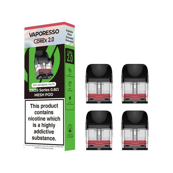 Vaporesso Xros Corex 2.0 Replacement Pods packaging with 4 0.8Ohm pods on a white background - UK vape sales