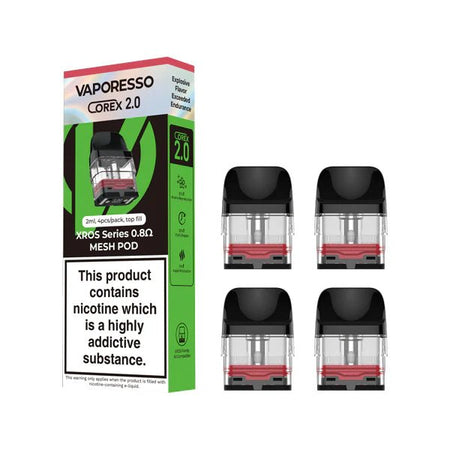 Vaporesso Xros Corex 2.0 Replacement Pods packaging with 4 0.8Ohm pods on a white background - UK vape sales