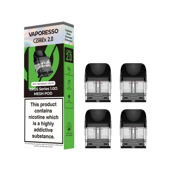 Vaporesso Xros Corex 2.0 Replacement Pods packaging with 4 1.0 Ohm pods on a white background - UK vape sales