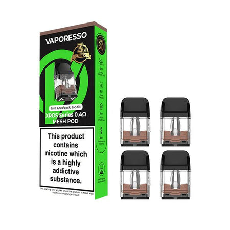Vaporesso Xros Corex 3.0 Replacement Pods packaging with 4 0.4Ohm pods on a white background - UK vape sales