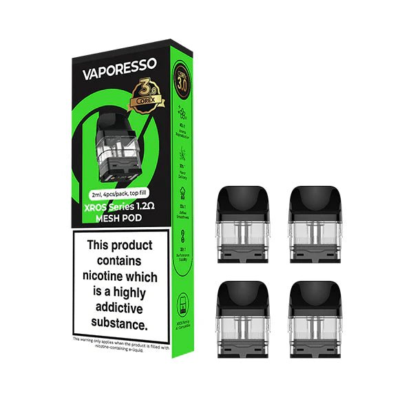 Vaporesso Xros Corex 3.0 Replacement Pods packaging with 4 1.2Ohm pods on a white background - UK vape sales